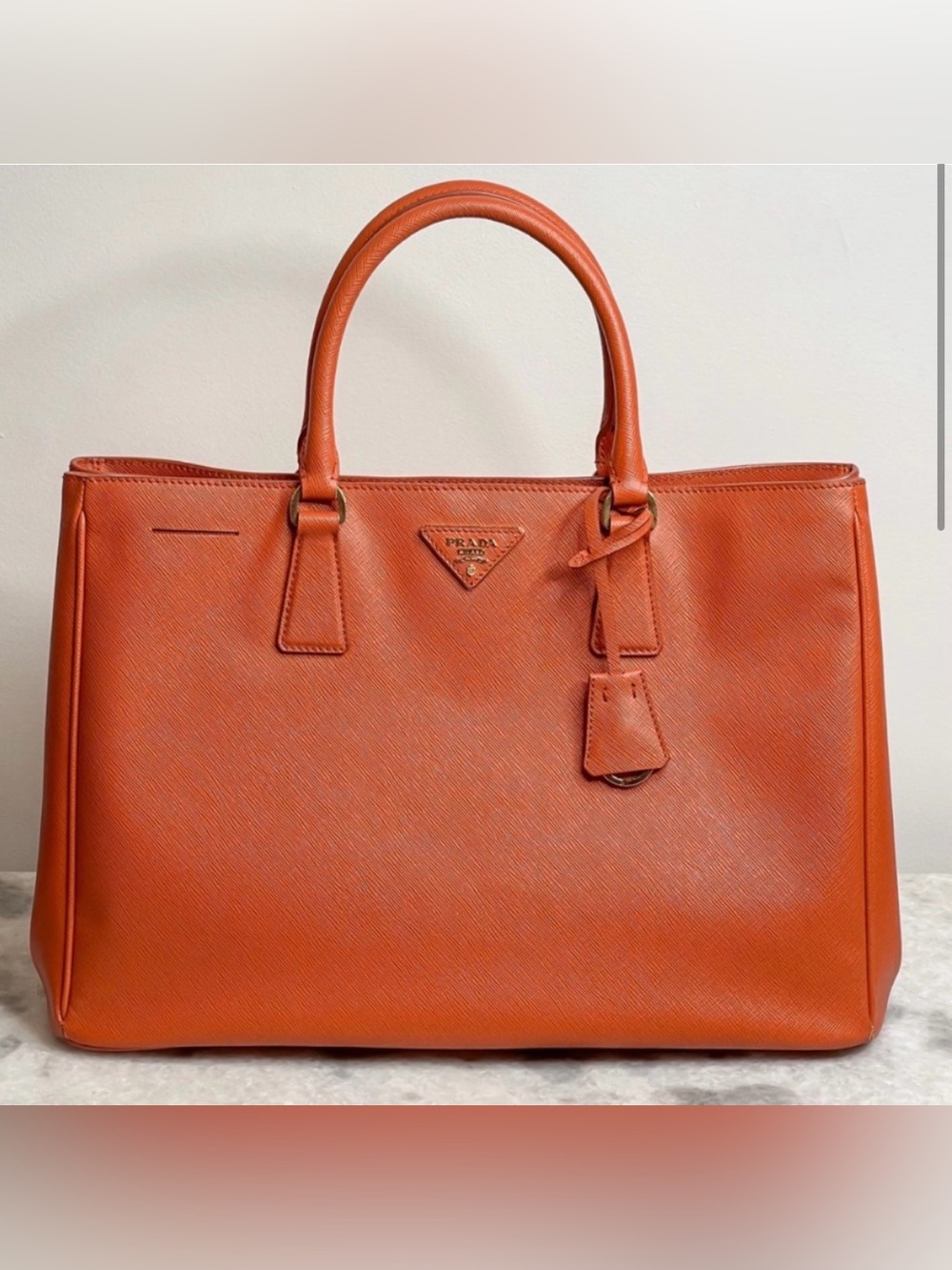 PRADA Saffiano Lux Leather Large Shopping Tote Bag in Papaya Orange